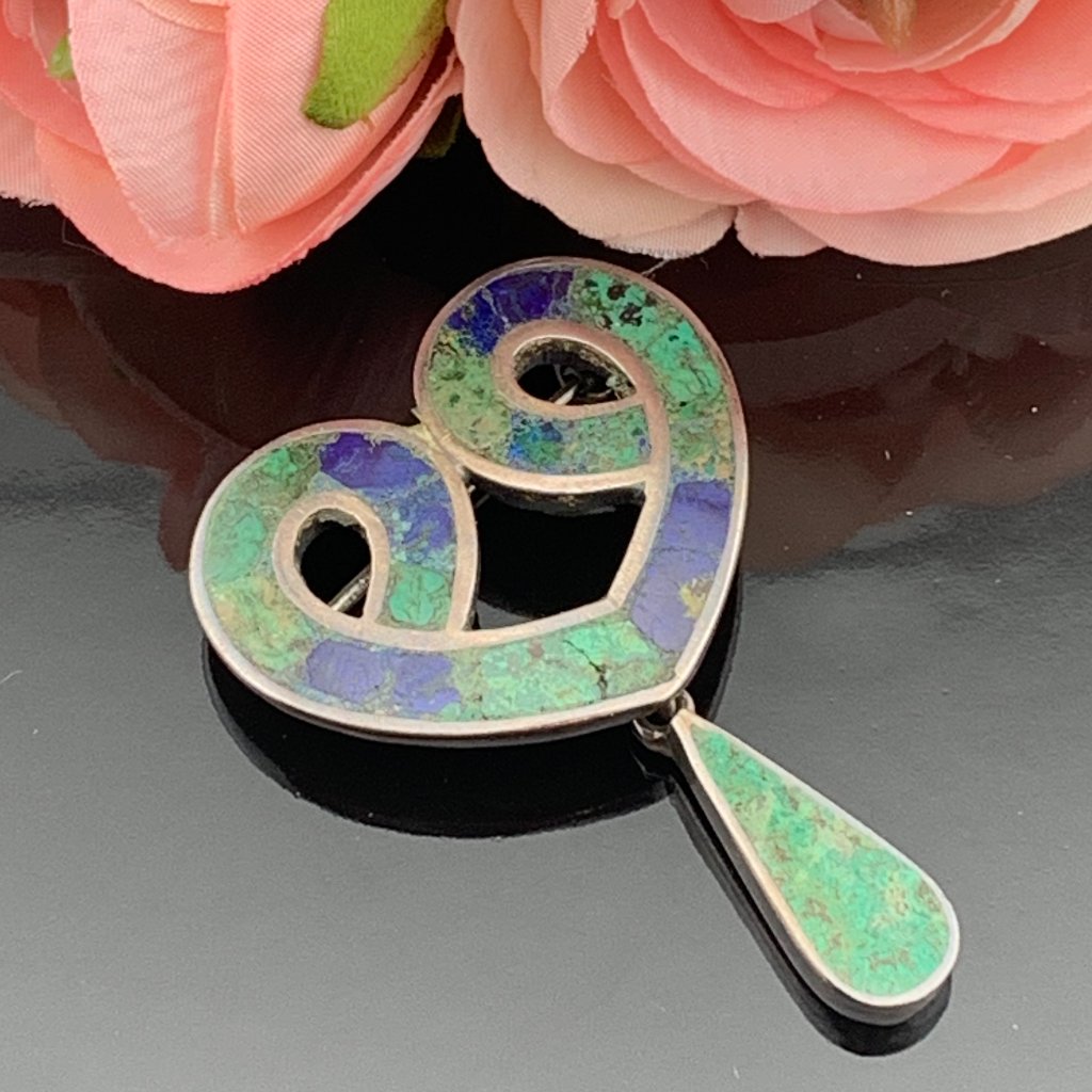 Taxco Los Castillo Mexico Eagle 15 Heart Sterling Brooch Malachite Chrysocolla 177$